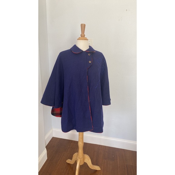 Cape Poncho Embroidered 14 Navy Plaid Lining Collar Swing Wrap Coat - Picture 1 of 14